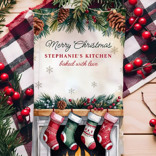 Kerstkousen over open haard gepersonaliseerd theedoek