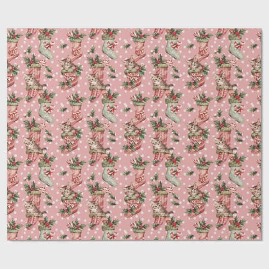 Kerstkousen w / Kittens op roze achtergrond Cadeaupapier (Vlak)