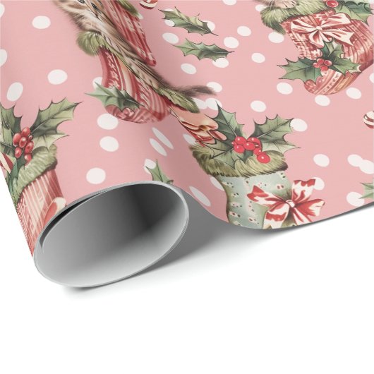Kerstkousen w / Kittens op roze achtergrond Cadeaupapier (Rol Hoek)