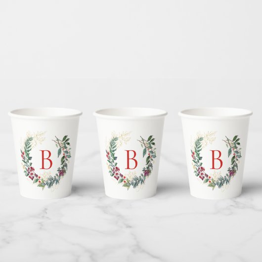 Kerstkrans Aangepast Monogram Papieren Bekers (Multi)