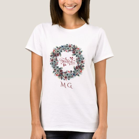 Kerstkrans BELIEVE Typografie monogram T-shirt (Voorkant)