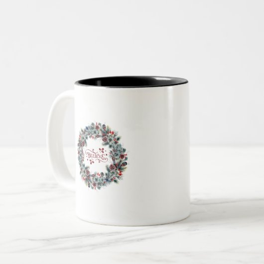 Kerstkrans BELIEVE Typografie Tweekleurige Koffiemok (Voorkant links)