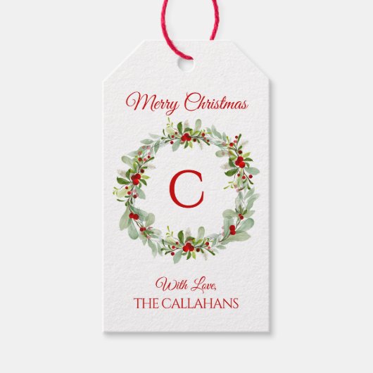 Kerstkrans cadeaubijschrift met monogram cadeaulabel (Voorkant)