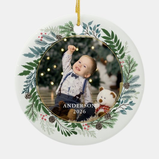 Kerstkrans Custom 2-foto Keramisch Ornament (Achterkant)