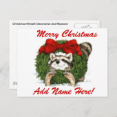 Kerstkrans decoratie en wasbeer feestdagenkaart (Voorkant / Achterkant)