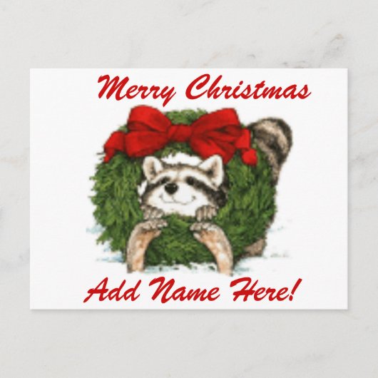 Kerstkrans decoratie en wasbeer feestdagenkaart (Voorkant)