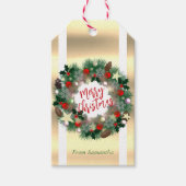 Kerstkrans dennenappels, sterren, rode kerstballen cadeaulabel (Voorkant)