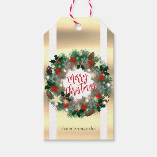 Kerstkrans dennenappels, sterren, rode kerstballen cadeaulabel (Voorkant)