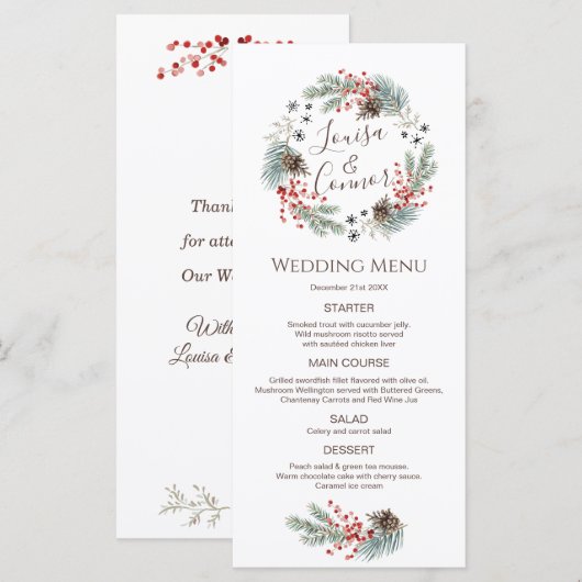 Kerstkrans Dennengewas Bes Sneeuwvlok Bruiloftsmen Menu (Voorkant / Achterkant)