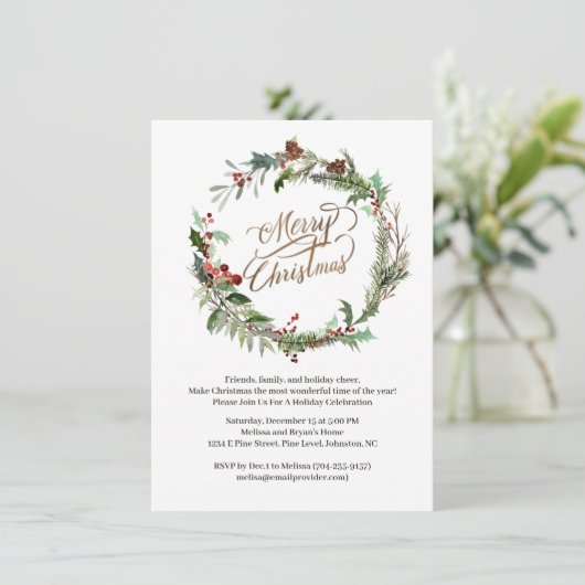 Kerstkrans Dennenhout Bes Hulst Feest Uitnodiging (Staand voorkant)