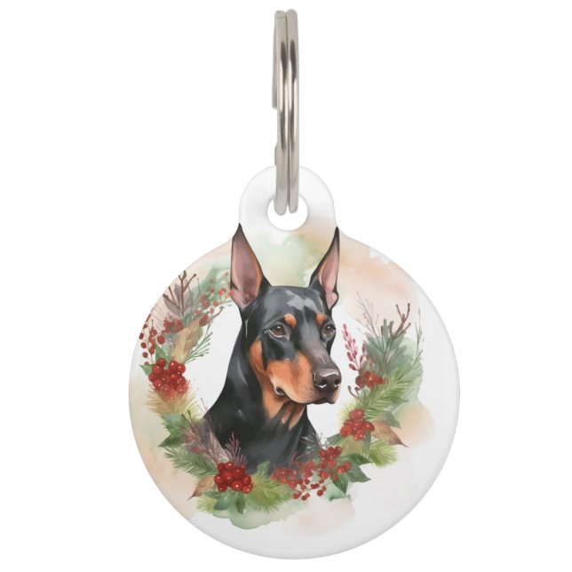 Kerstkrans Dobermann Feestelijke Pup Huisdierpenning (Voorkant)