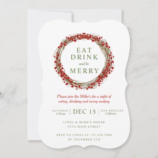 Kerstkrans Eet Drink en wees vrolijk feest Kaart (Voorkant)