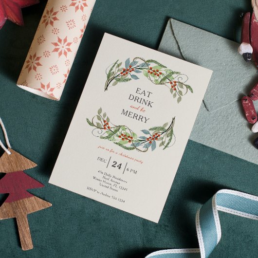 Kerstkrans Eet Drink & Wees Vrolijk Partij Kaart