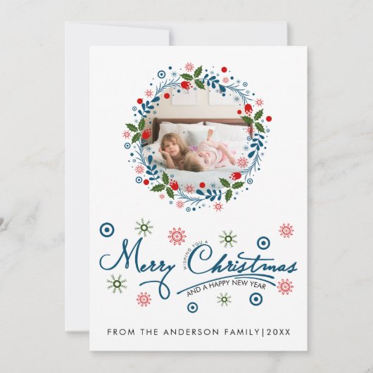 Kerstkrans en blauwe script typografie foto feestdagenkaart (Voorkant)