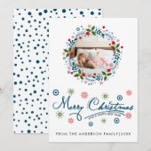 Kerstkrans en blauwe script typografie foto feestdagenkaart (Voorkant / Achterkant)