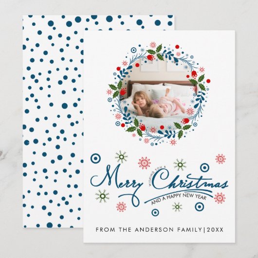 Kerstkrans en blauwe script typografie foto feestdagenkaart (Voorkant / Achterkant)