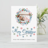 Kerstkrans en blauwe script typografie foto feestdagenkaart (Staand voorkant)