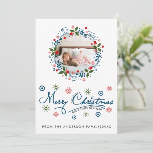 Kerstkrans en blauwe script typografie foto feestdagenkaart (Staand voorkant)
