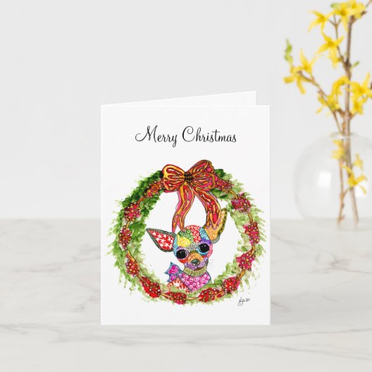 Kerstkrans en een Chihuahua-Wenskaart Kaart (Gele Bloem)