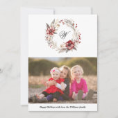 Kerstkrans en monogram foto rood feestdagenkaart (Voorkant)