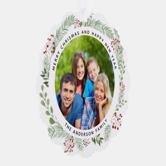 Kerstkrans familie fotolabel ornament kaart (Rechts)