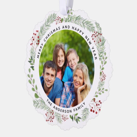 Kerstkrans familie fotolabel ornament kaart (Links)