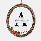 Kerstkrans Familie Monogram met Foto Keramisch Ornament (Links)