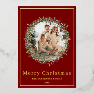 Kerstkrans foto rood en goud vakantiewenskaart folie feestdagenkaart