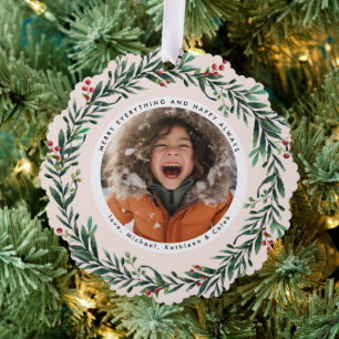 Kerstkrans Gelukkig Alles Foto Ornament Kaart