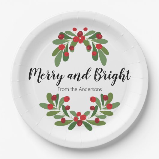 Kerstkrans Gezin Naam Script Merry and Bright Papieren Bordje (Voorkant)