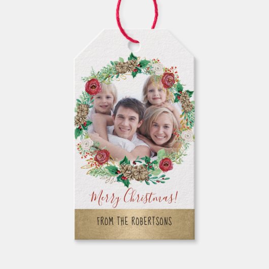 Kerstkrans Gol Peony Rozen Bloemenfoto Cadeaulabel (Voorkant)