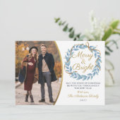 Kerstkrans goud glitters foto Merry and Bright Feestdagenkaart (Staand voorkant)