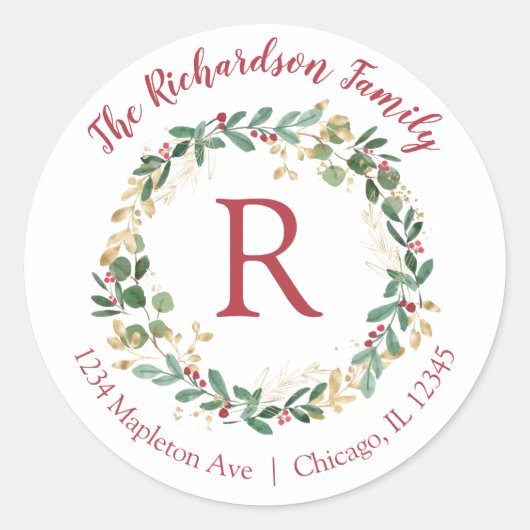 Kerstkrans gouden rode retour adreslabels ronde sticker (Voorkant)