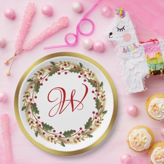 Kerstkrans Green Holly verlaat Red Berry Papieren Bordje (Feest)