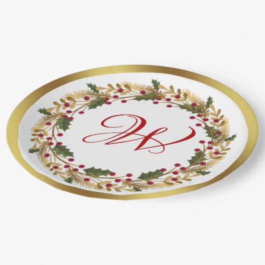 Kerstkrans Green Holly verlaat Red Berry Papieren Bordje (Gekanteld)