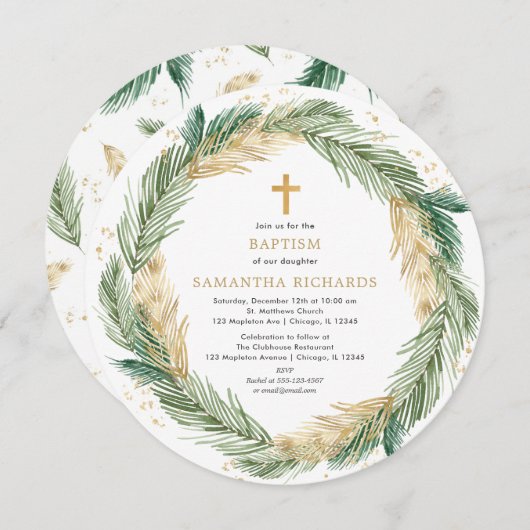 Kerstkrans groen goud folie doop kaart (Voorkant / Achterkant)