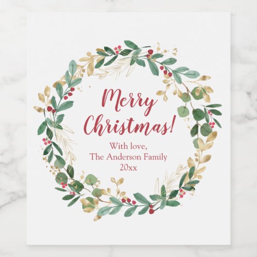 Kerstkrans groen goud rode hulstbessen wijn etiket (Enkel label)