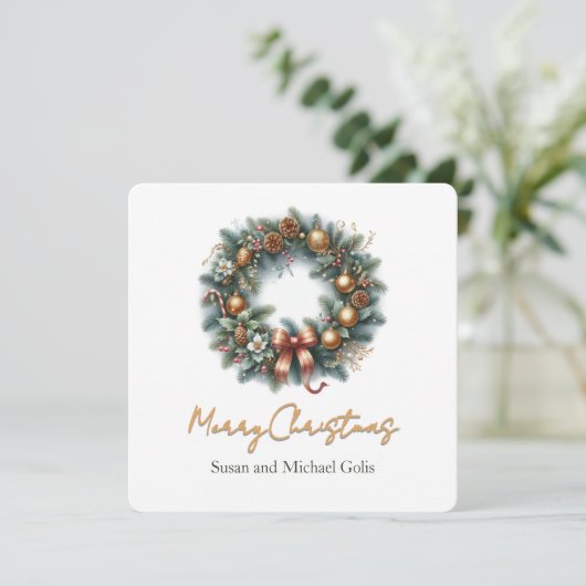Kerstkrans groen met goud   feestdagenkaart (Staand voorkant)