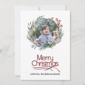 Kerstkrans, groene bladeren en bessen foto feestdagenkaart (Voorkant)