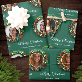 Kerstkrans Groene Familie Foto Gepersonaliseerd Inpakpapier Vel