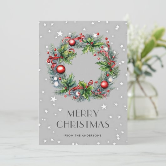 Kerstkrans Holly Berries Ornamenten Sterren Feestdagenkaart (Staand voorkant)