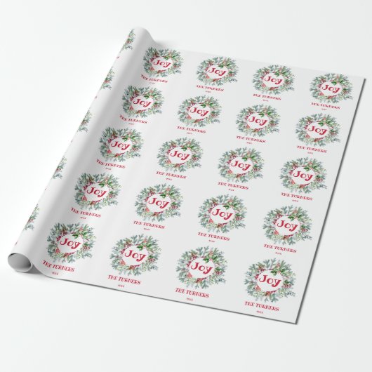 Kerstkrans Holly Berry Joy Feestdagen Monogram Cadeaupapier (Uitgerold)