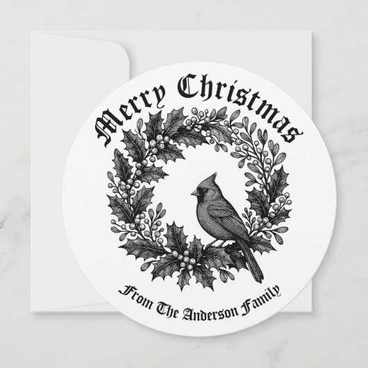 Kerstkrans Holly Mistletoe Bird Illustratie Feestdagenkaart (Voorkant)
