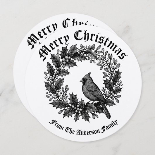 Kerstkrans Holly Mistletoe Bird Illustratie Feestdagenkaart (Voorkant / Achterkant)