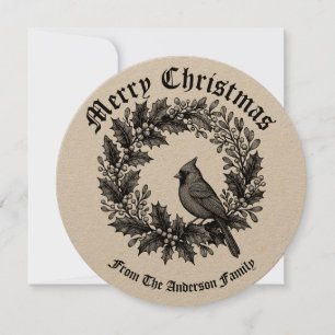 Kerstkrans Holly Mistletoe Bird Illustratie Feestdagenkaart