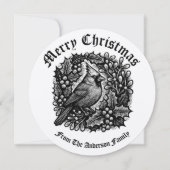 Kerstkrans Holly Mistletoe Bird Woodblock Feestdagenkaart (Voorkant)