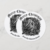 Kerstkrans Holly Mistletoe Bird Woodblock Feestdagenkaart (Voorkant / Achterkant)