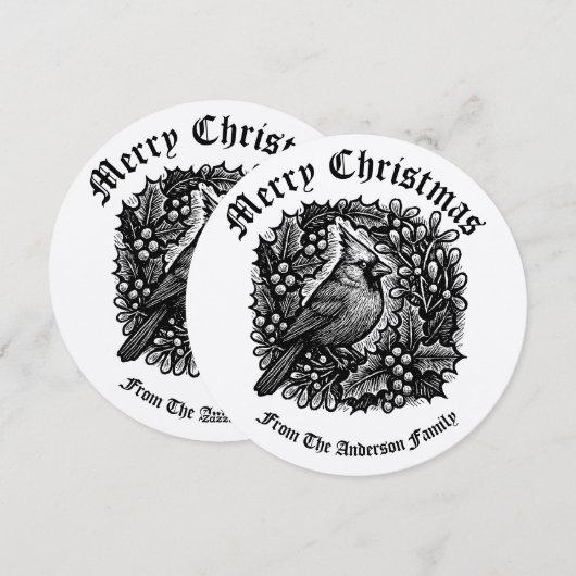 Kerstkrans Holly Mistletoe Bird Woodblock Feestdagenkaart (Voorkant / Achterkant)