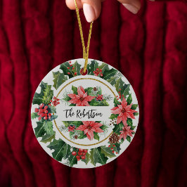 Kerstkrans Holly Poinsettia Familie Foto Keramisch Ornament