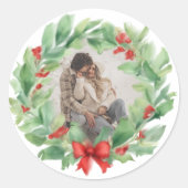 Kerstkrans in waterverf aangepaste foto ronde sticker (Voorkant)